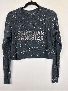 Spiritual Gangster Cropped T-Shirt Black Bleach Splatter Graphic Logo Sz XS